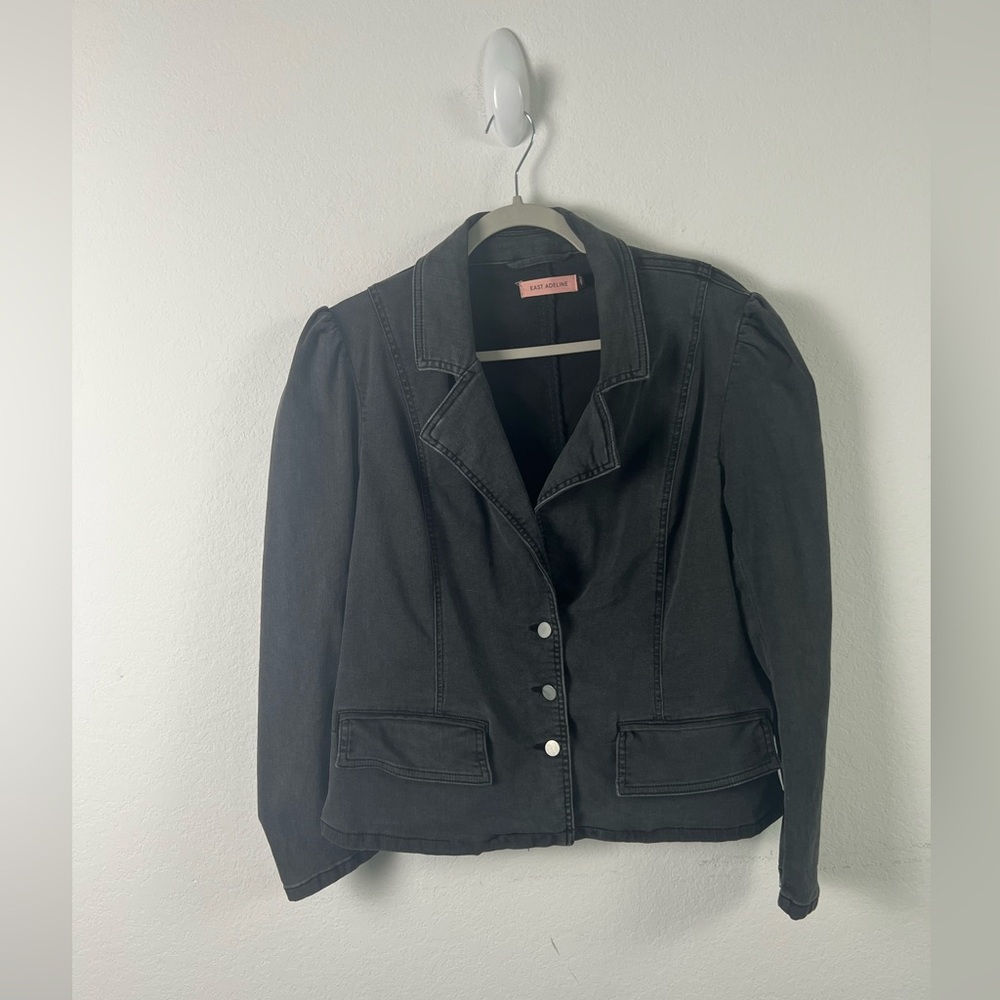 East Adeline Ruffle Puff Shoulder Black Denim Western Jean Jacket